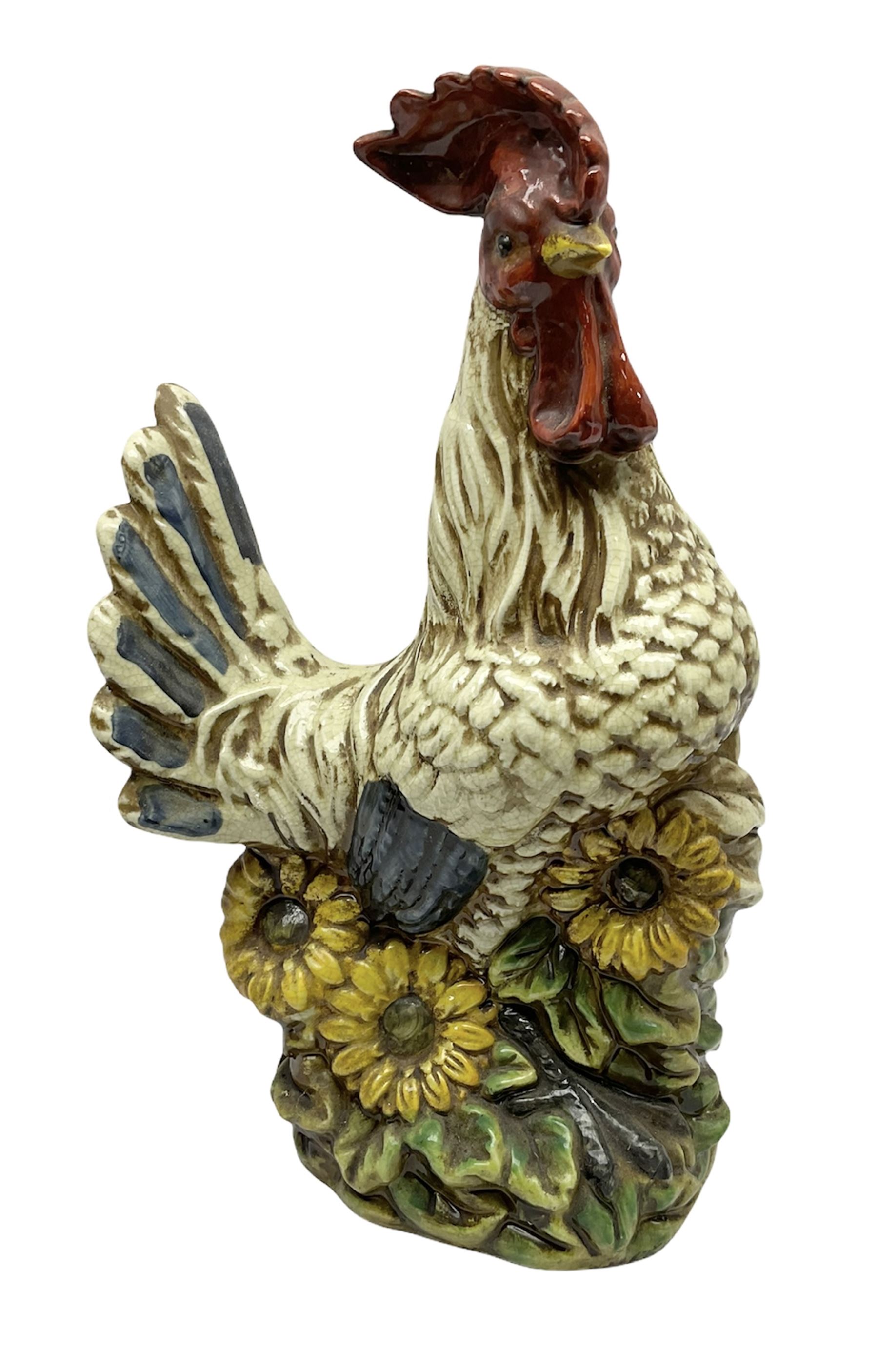 Large ceramic cockerel with sunflowers around the base, H40cm.  