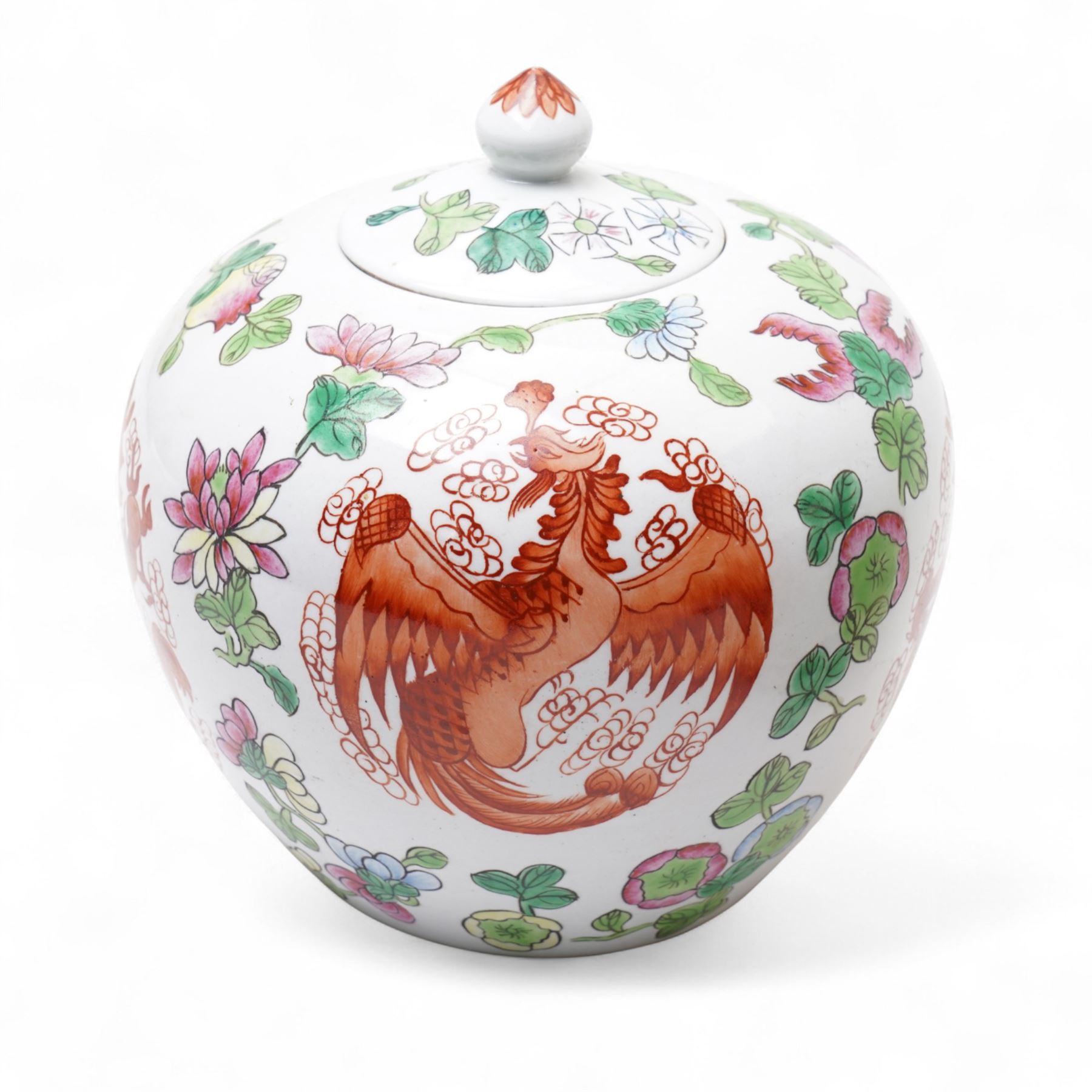 Pair of Chinese porcelain ginger jars and covers, painted with dragons and phoenix in iron red amidst flowering foliage, four character marks beneath, H20cm 