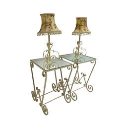 Pair cream painted scroll work wrought metal lamp tables, with inset mirror tops, together with pair matching lamps with shades