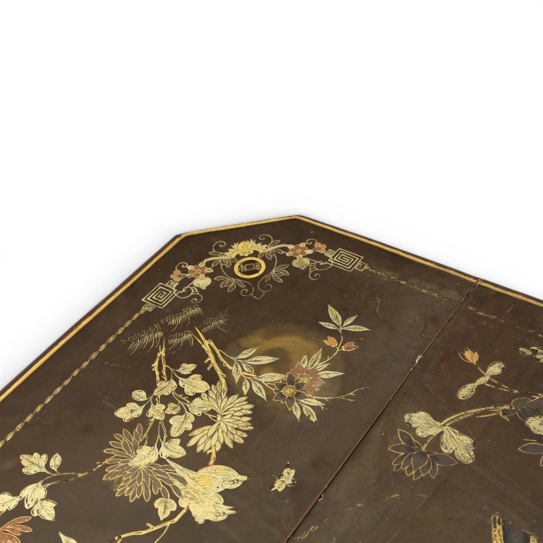 Chinoiserie style gate leg table, with gilt painted floral design, raised on bobbing supports, on sled feet
