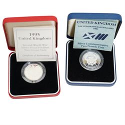 Eleven The Royal Mint United Kingdom silver proof coins or sets, comprising 1977 crown, 1980 crown, 1981 Jersey one pound, 1981 crown, 1983 one pound, 1986 two pound, 1989 two pound two coin set, 1994 piedfort fifty pence, 1994 two pound, 1994 piedfort two pound, and 1995 piedfort two pound, all cased with certificates