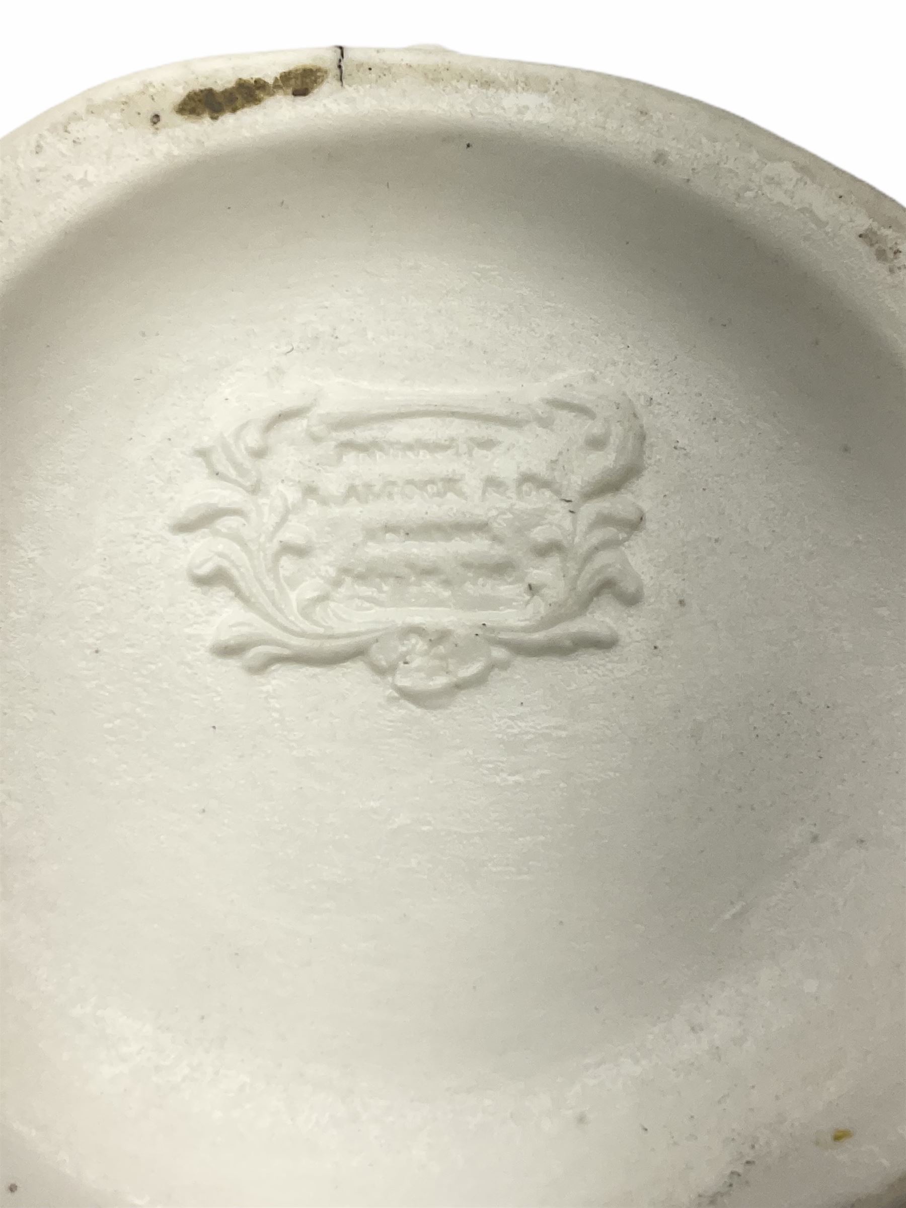 Victorian Parian ware twin handled vase detailed with Bacus masks fruiting vines and floral sprays H36cm, together with a Parian jug H14.5cm, classical Parian sculpture H40cm, decorative plaque decorated in high relief depicting two children D18.5cm. 