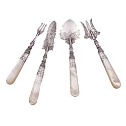 Edwardian silver and mother of pearl handled four piece afternoon tea set, comprising bread trident, pickle fork, preserve spoon, and butter knife, each with foliate engraved detail to prongs, blade and bowl, hallmarked A J Bailey, Birmingham 1901
