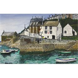 After Fred Yates (British 1922-2008) : ‘Porthleven - Cornwall’, oil on canvas signed, titled and dated 1974 verso 24cm x 37cm 