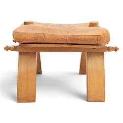 20th century Camel stool, tan leather seat with tooled design, raised on a light wood carved frame with camel design