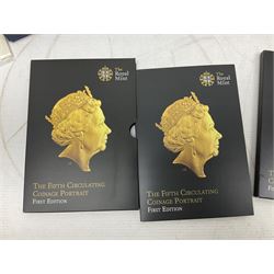 The Royal Mint United Kingdom 2005 proof coin set, with certificate, 2009 'Henry VIII' brilliant uncirculated fine pound coin, 2010 brilliant uncirculated coin collection, 2015 'The Fourth and Fifth Circulating Coinage Portrait Collection', and 'Farewell and Nations of the Crown UK' one pound brilliant uncirculated two coin set, all cased or in card folders