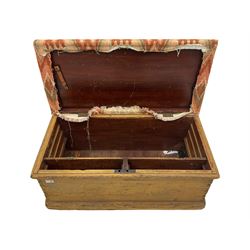 Victorian pine blanket box, Kilim upholstered top