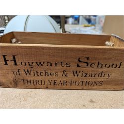 Two pairs of table lamp bases, with two glass shades and two fabric shades, together with a wooden 'Hogwarts' box and dumbbells