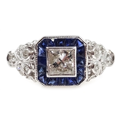  White gold princess cut diamond ring, with sapphire and diamond surround, stamped 18K  