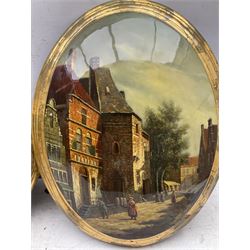 C Jacob (British 20th century): Woman Reclining with Fan; Continental school (20th century): 19th Century Street Scene, pair oils on convex panel with clear lacquer 40cm x 30cm (2)