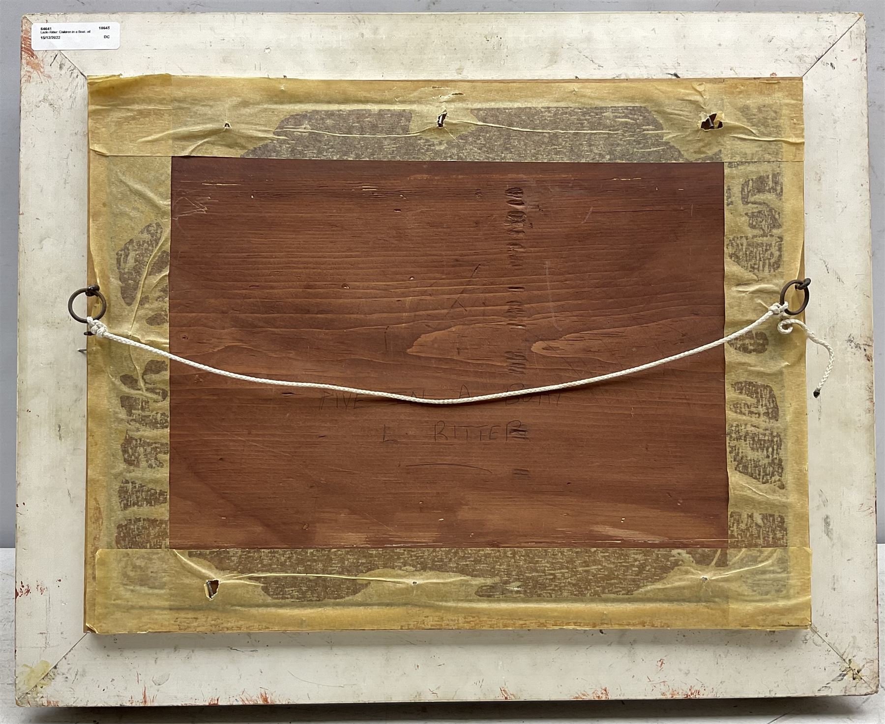 Laszlo Ritter (Hungarian 1937-2003): 'Five in a Boat', oil on canvas board signed, titled verso 29cm x 39cm