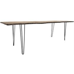 Rustic elm slab dining table, raw edge rectangular plank top, on black finish out-splayed supports 