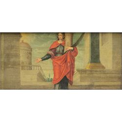 Italian School (17th/18th century): Classical Terrace scenes with Figures of Saints Margaret Catherine and Barbara, set of three oils on oak panels unsigned 11cm x 24cm (3)