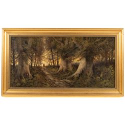 English School (19th/20th century): Figures Strolling Through Dense Forest, pair of oils on canvas indistinctly signed 29cm x 60cm (2)