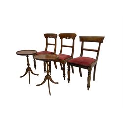 Pair Edwardian mahogany wine tables on tripod base (W40cm H60cm) and set three Victorian dining chairs with drop-in seats