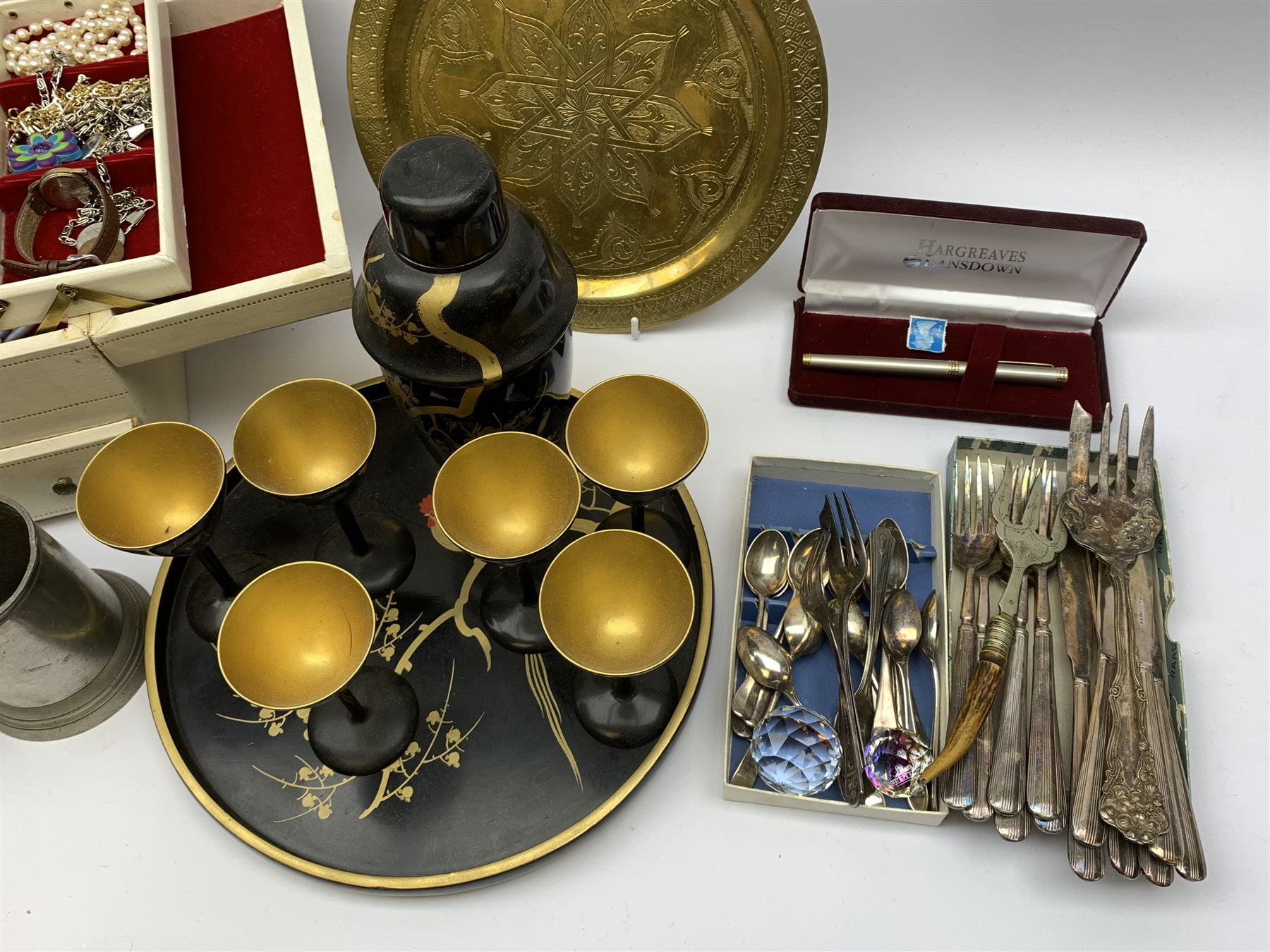1930's Japanese black lacquer cocktail set, comprising cocktail shaker