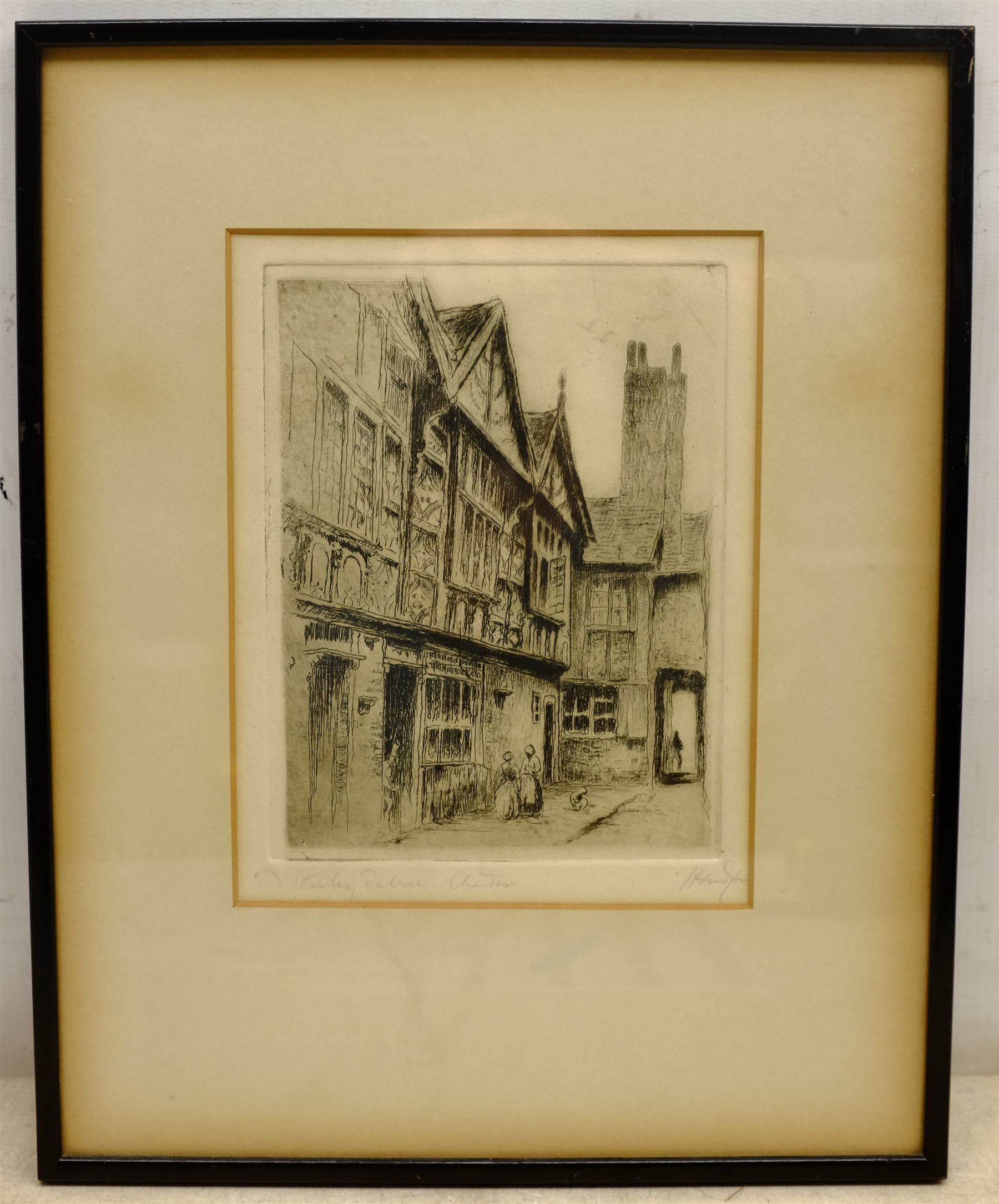  Thomas Hart (British 1830-1916): 'Castle Rock, Lynton', watercolour signed, titled on the mount, Geoffrey H Douthwaite (British 20th century): Scarborough Harbour, watercolour signed, and a drypoint etching of Chester indiscinctly signed in pencil, max 33cm x 47cm (3)  