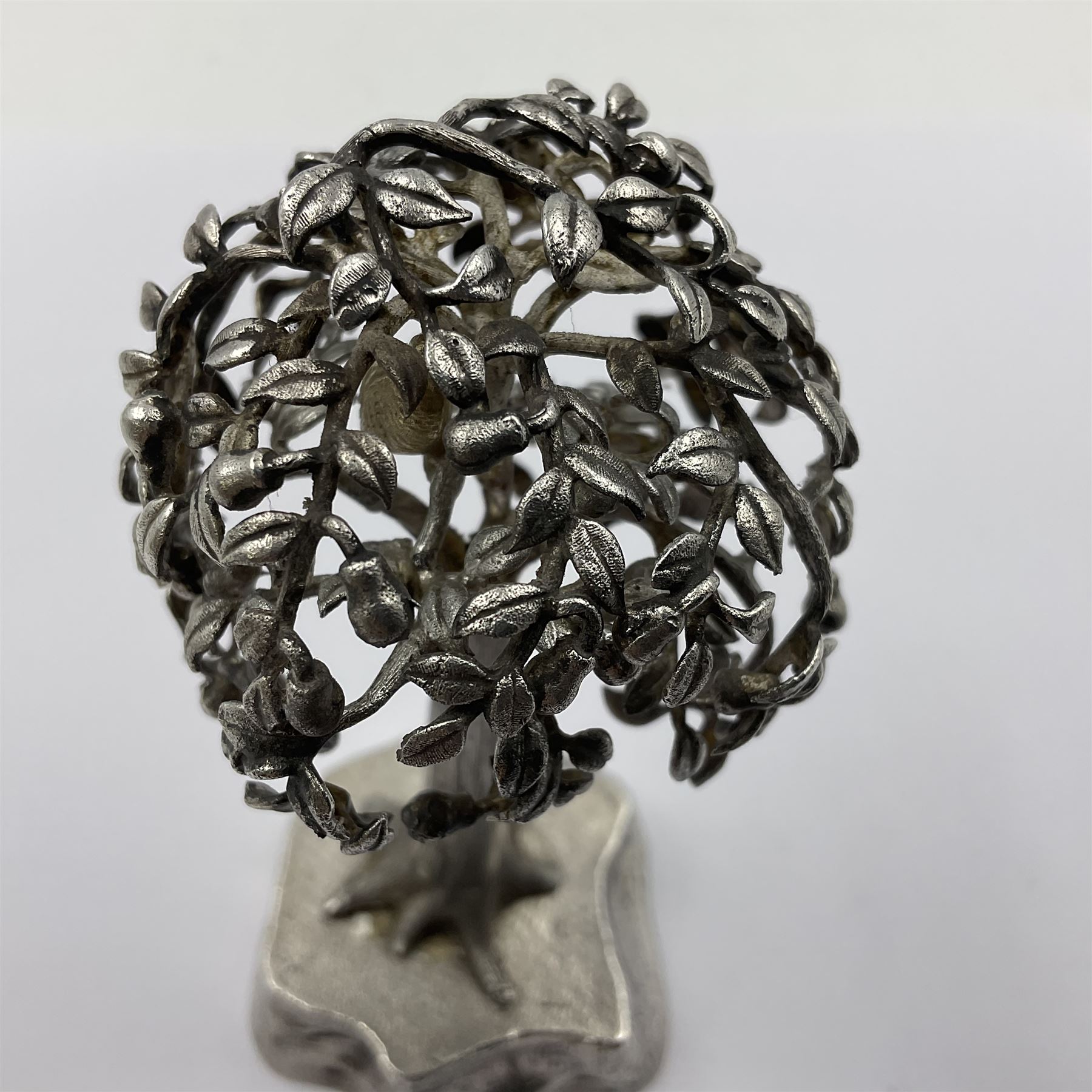 Modern silver and silver-gilt model of a partridge in a pear tree, hallmarked London 1979, maker's mark RFE, H9.5cm