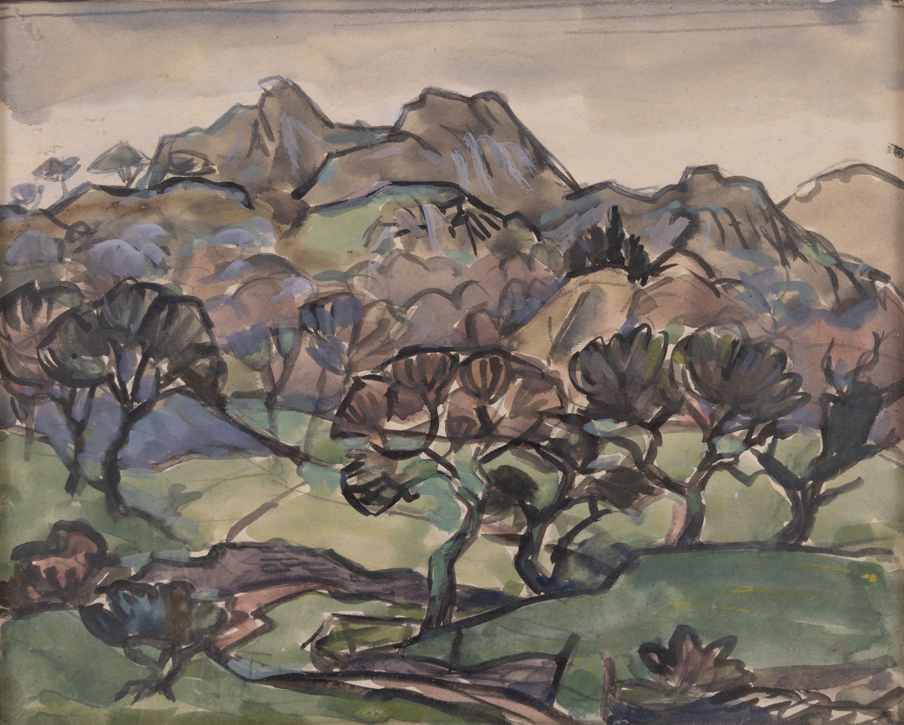 Helen Marguerite Steinthal (British 1911-1991): Forest Before the Hills, watercolour unsigned, attributed verso 23.5cm x 29cm; English School (Mid-20th Century): Bridge in the Town, watercolour unsigned 23cm x 28cm  (2)