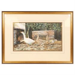 Richard Bolton (British 1950-): Geese in a Row, watercolour signed and dated '90, 24cm x 41cm 