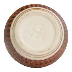 Strathearn glass vase, decorated with multiple swirls against a yellow ground, together with Rudolf Schrötter, blue glass Bullet vase and two other vases 