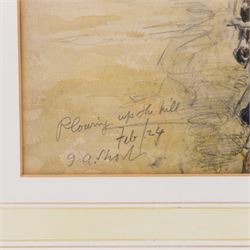 George Anderson Short (British 1856-1945): 'Plowing Up The Hill', mixed media signed titled and dated Feb '24, 18cm x 27cm