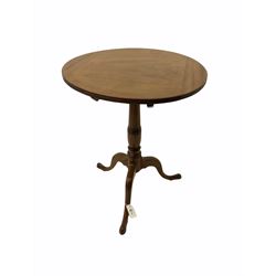 George III mahogany tripod table, circular boarded tilt top with reed moulded edge, turned column with three splayed supports