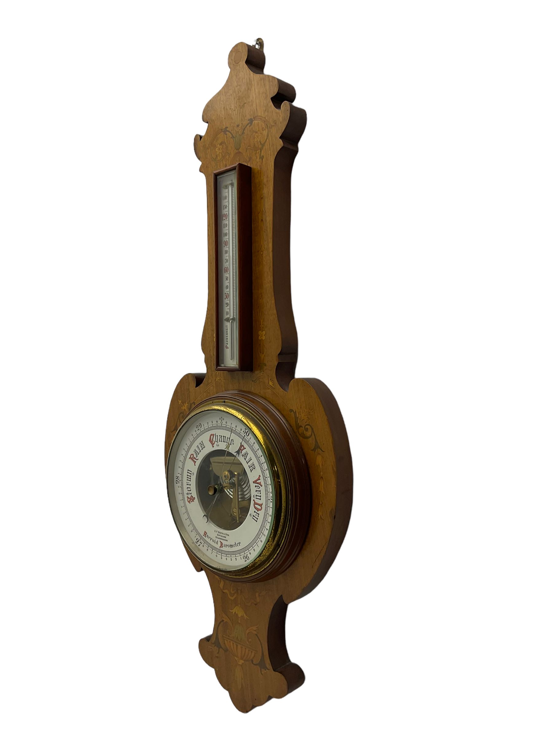 Edwardian art Nouveau aneroid barometer in a mahogany case inlaid with