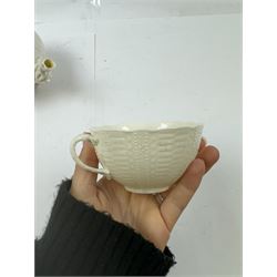 Belleek Sea Urchin teapot and sugar basin, together with Belleek Nautilus jug, small dish, teacup and saucer