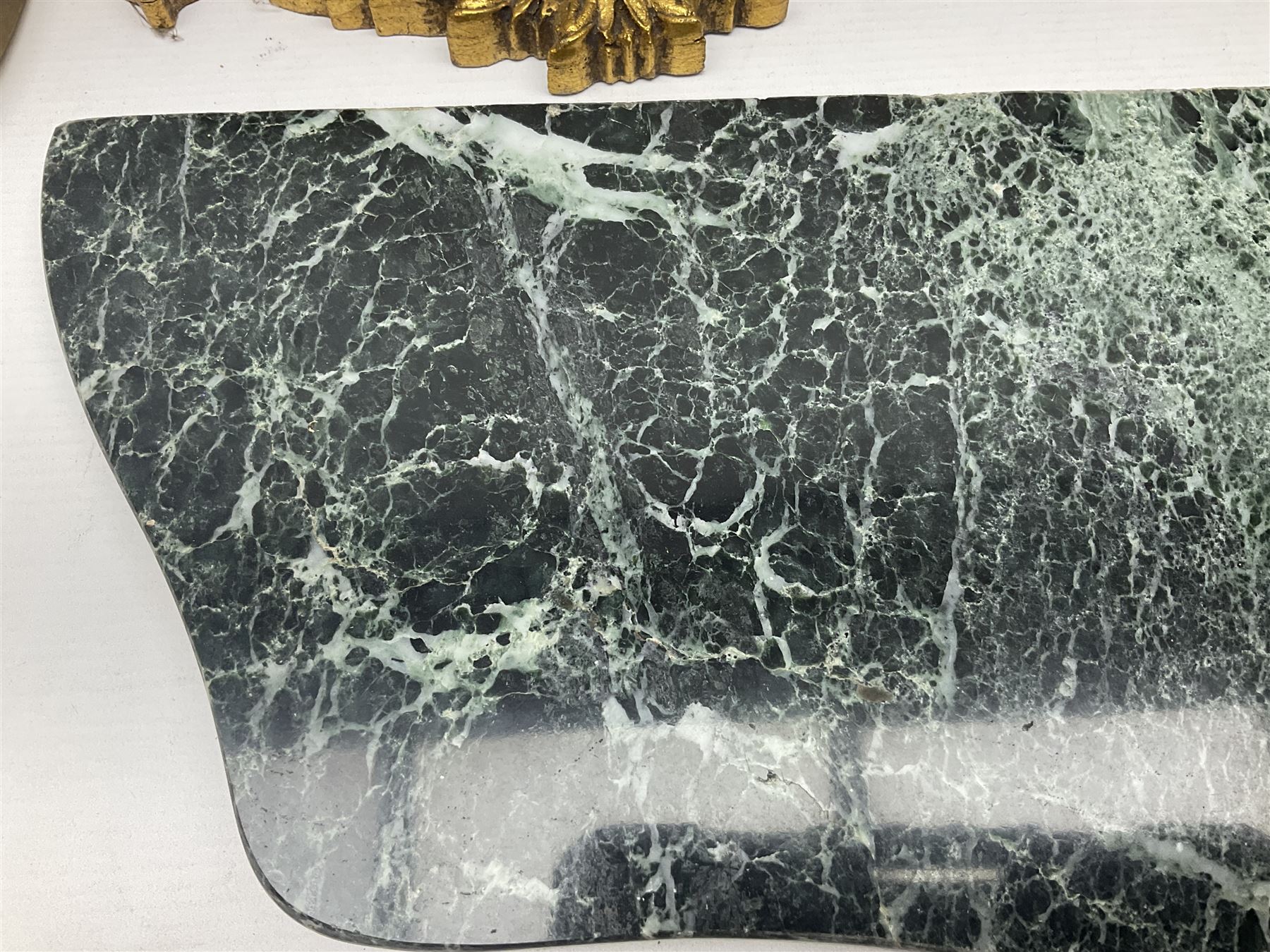 Five various giltwood and other hall brackets, one with marble top; and Viking ship table lamp