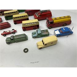 Dinky - fifteen unboxed and playworn die-cast models including AEC Monarch Thompson Tanker, Ford Transit Fire Service van, Daimler Ambulance, six buses, early tankers, Ferrari Racing Car etc; and a Corgi Land Rover (16)