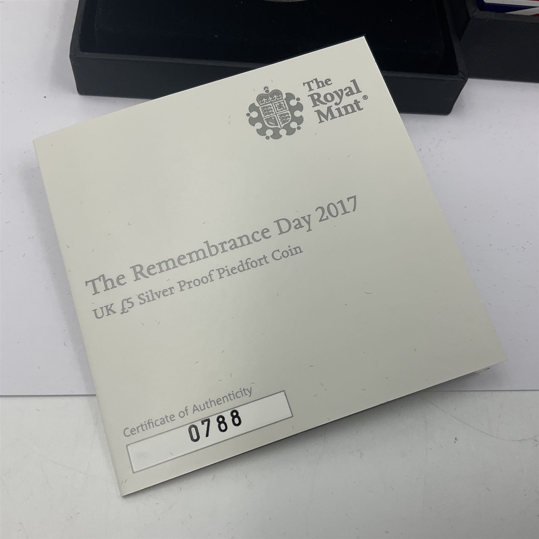 Three The Royal Mint United Kingdom silver proof five pound coins, comprising 2012 'London 2012 Paralympic', 2015 '100th Anniversary of the Death of Edith Cavell' and 2017 'Remembrance Day' piedfort, all cased with certificates 
