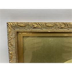 Regency silkwork in gilt frame, depicting two females in classical dress with a baby in a naturalistic landscape, H50cm