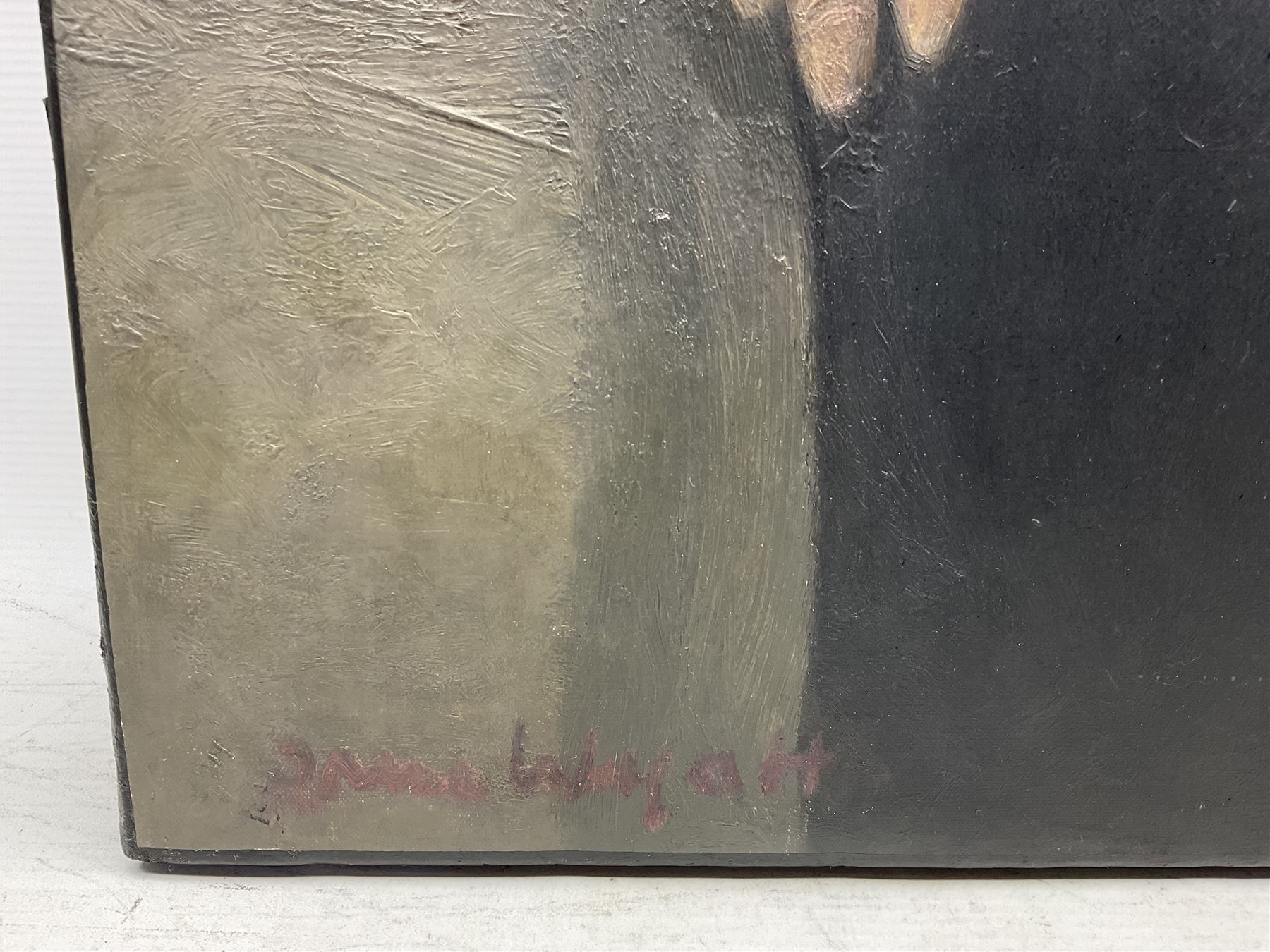 Irene Wyatt (British 1903-1987): Lady with a Green Earring, believed to be Merula Salaman, oil on canvas signed 102cm x 76cm 
Notes: this is possibly Wyatt's painting shown at the New English Art Club in in 1932 no.101; Salaman was the first wife of Sir Alec Guinness.