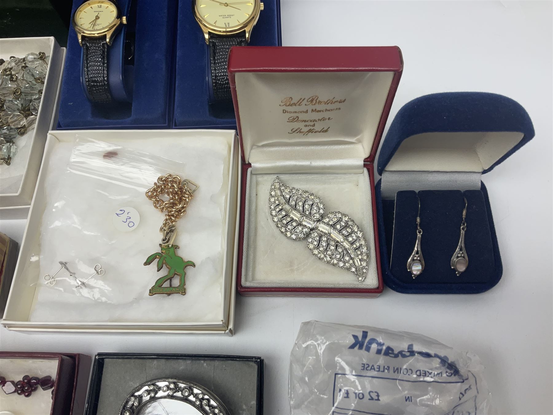 Pair of 9ct gold screw back earrings, silver dolphin jewellery, including necklace, bracelet, ring and earrings, other silver jewellery, two Sekonda wristwatches and a collection of costume jewellery 
