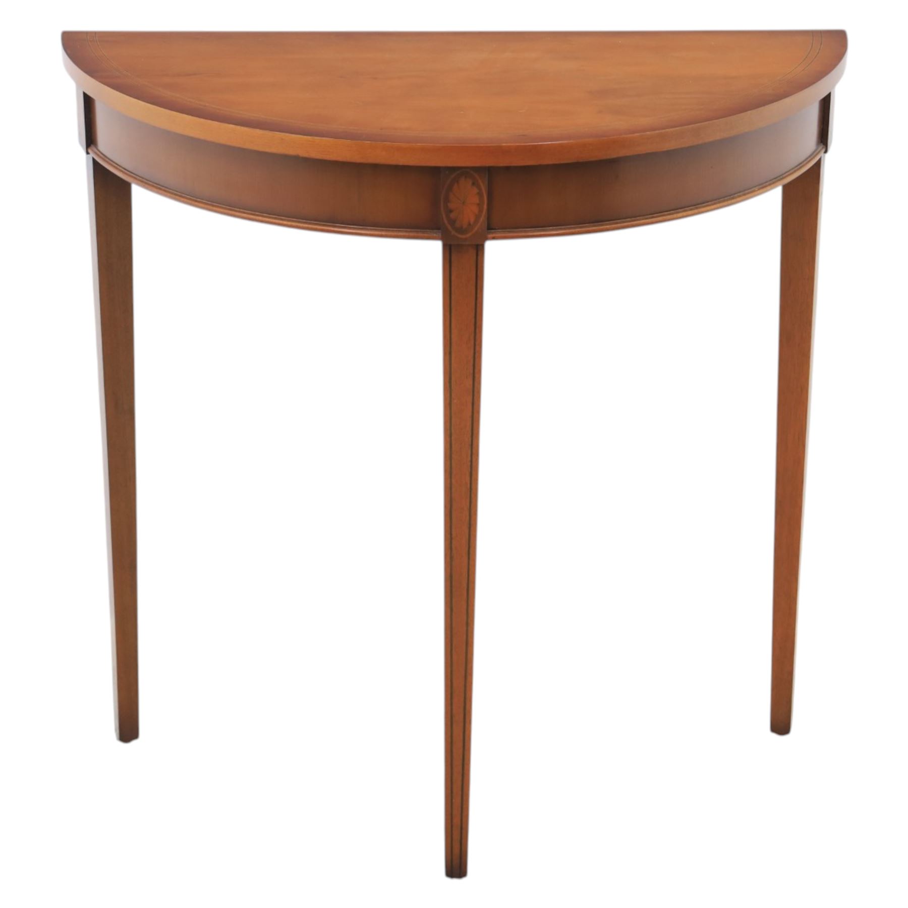 Georgian design yew wood demi-lune console table, sting inlaid with shell motifs