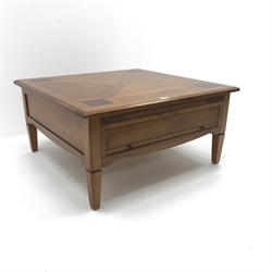 Modern cherry square coffee table, single two way drawer, square tapering supports, W90cm, H45cm, D90cm