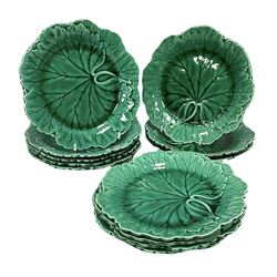 Twelve Wedgwood green majolica leaf dish