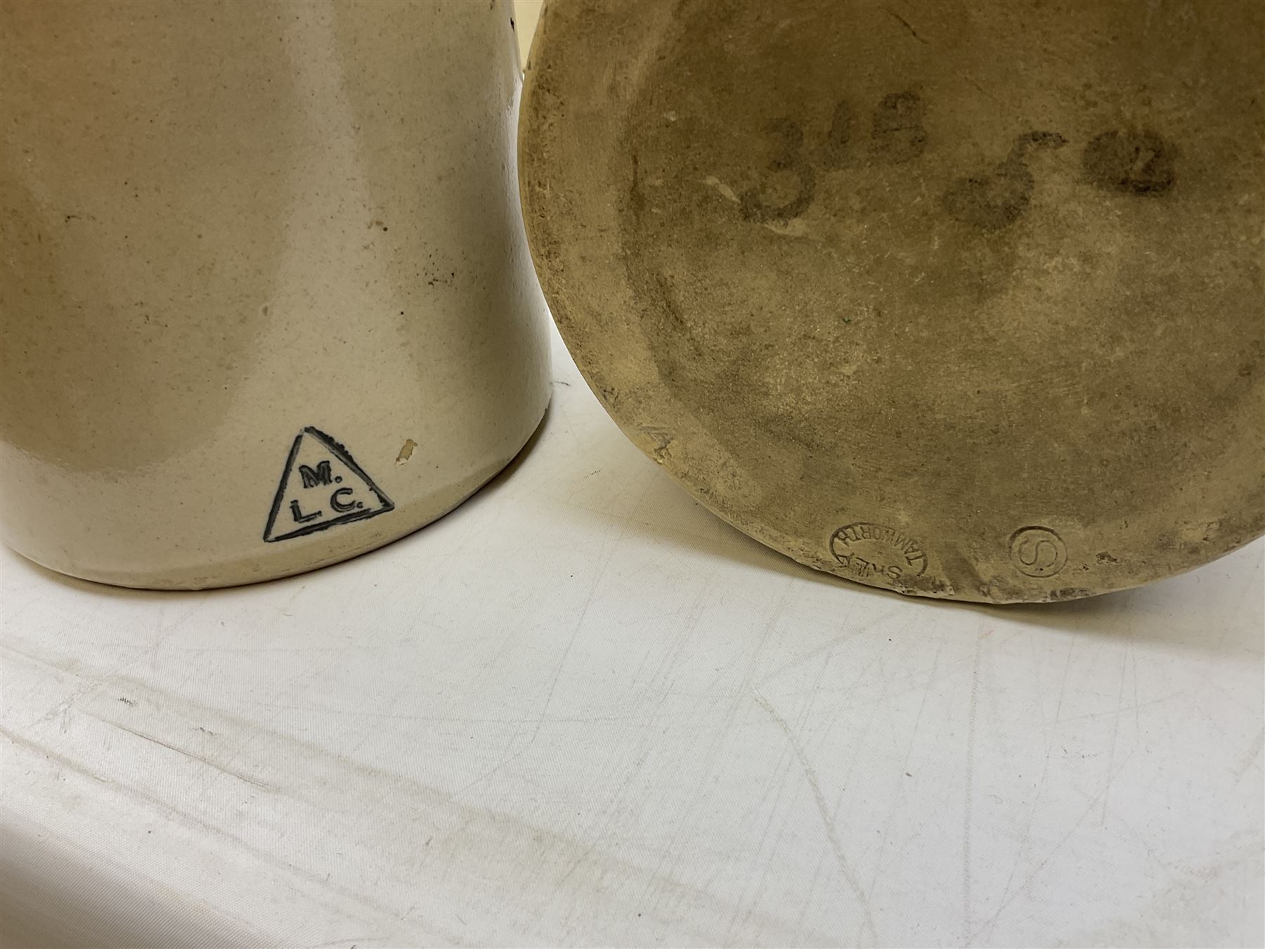 Quantity of salt glazed stoneware flagons, two tone jars and jug etc, to include some with impressed marks and labels, largest H26cm