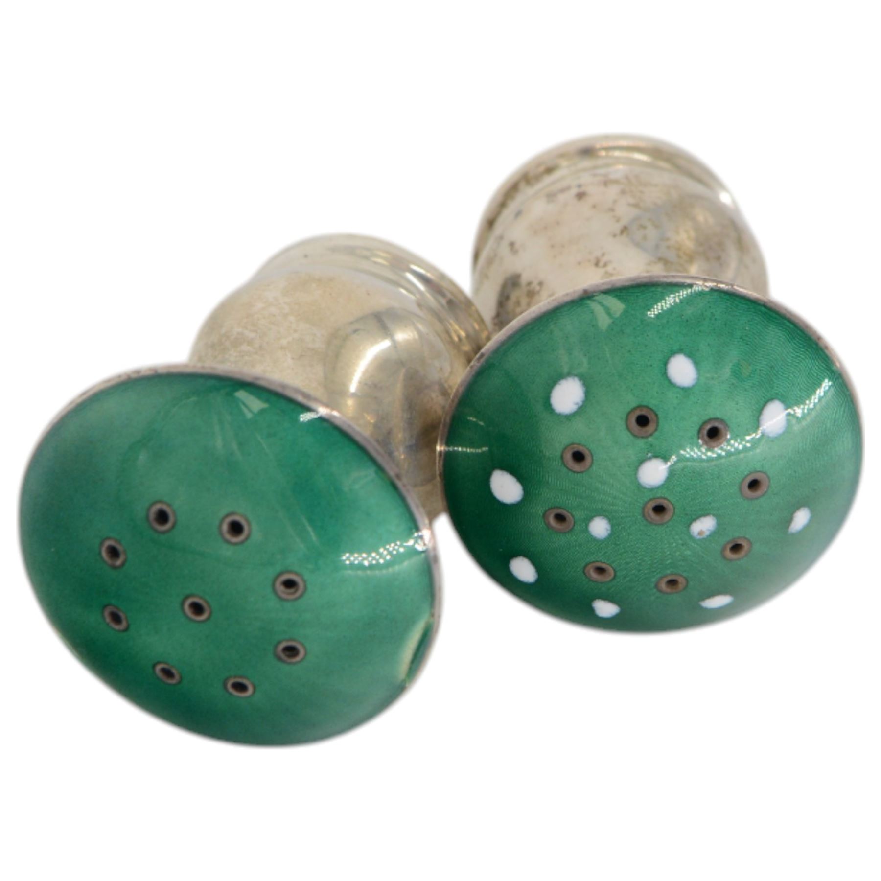 Pair of Norwegian silver and enamel salt and pepper shakers, modelled as toadstools with green guilloche enamel covers, stamped 925S Sterling Norway, H4cm