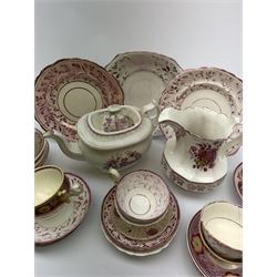 A quantity of assorted 19th century pink lustre teawares, to include tea pot, large jug, various tea cups and saucers, two slop bowls, etc. 