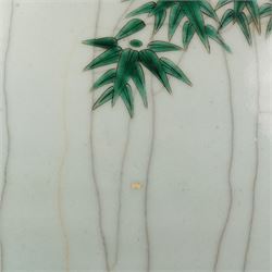 Late 19th century Chinese famille verte crackled ice pot and cover, of ovoid form, decorated with birds, blossom and bamboo, the cover with handle formed as a root, with hardwood display stand H50cm