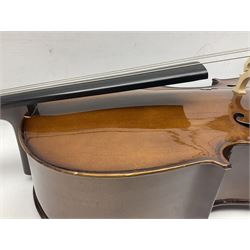 Stentor Student I quarter-size cello with 59.5cm two-piece maple back and ribs and spruce top; bears maker's label with serial no.M072648 L95.5cm overall; in Stentor soft carrying case with bow