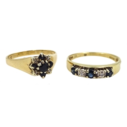 Gold sapphire and diamond cluster ring and gold five stone sapphire and diamond ring, both hallmarked 9ct