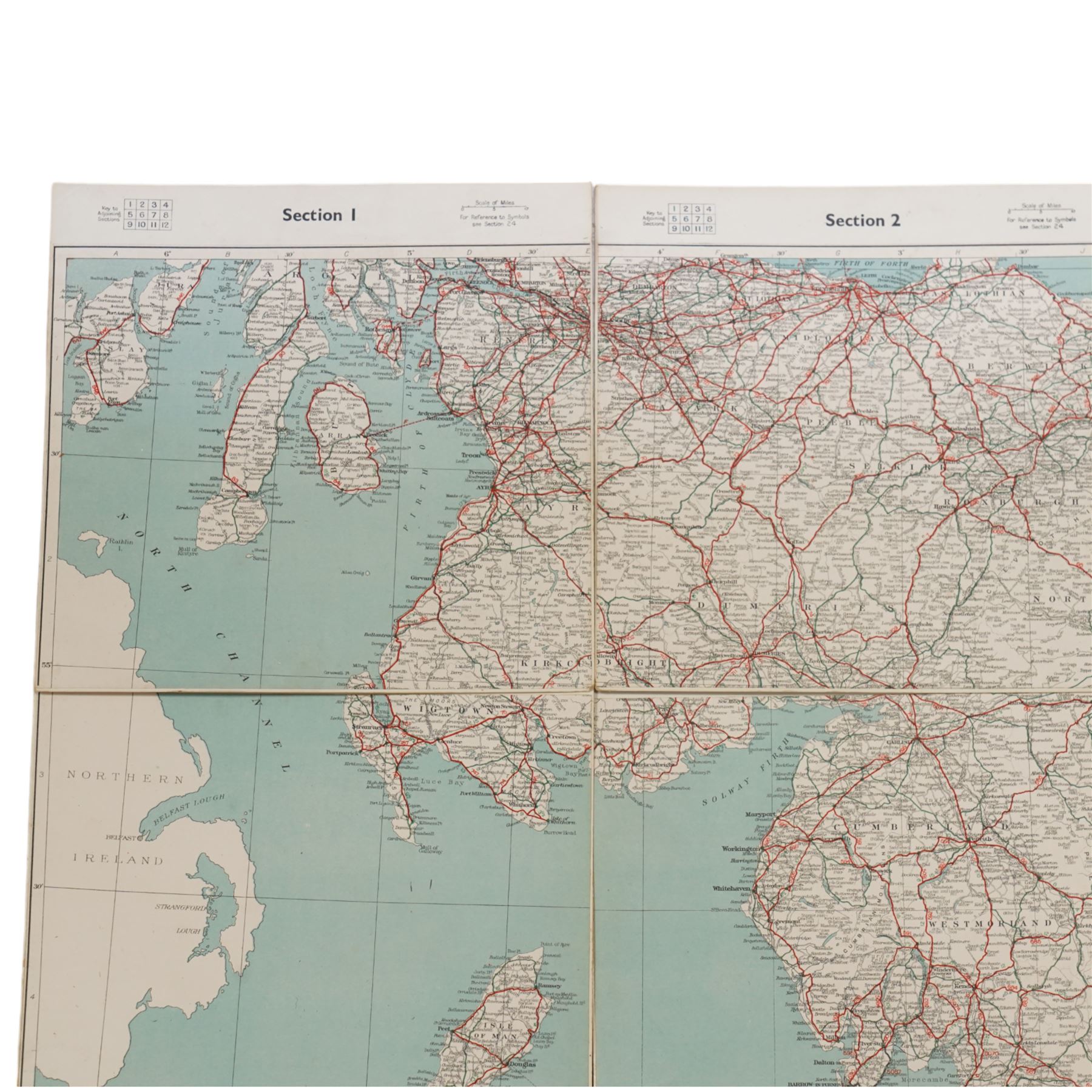 William G Nutland (British Military 20th century): Nuclear War Town Exit Plan Map: Civil Defence and Government Continuity in the Event of a Nuclear Attack on the UK, mid-20th century printed twenty-four sectional map with hand-colouring based upon the OS maps with sanction of the Controller of H.M. Stationery Office, circa 1950s or 1960s as part of a contingency during the Cold War 72cm x 100cm (unframed)