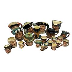 Large group of character jugs and novelty teapots, to include two Beswick teapot Peggotty and Sam Wellet, fifteen Royal doulton character jugs and five others 