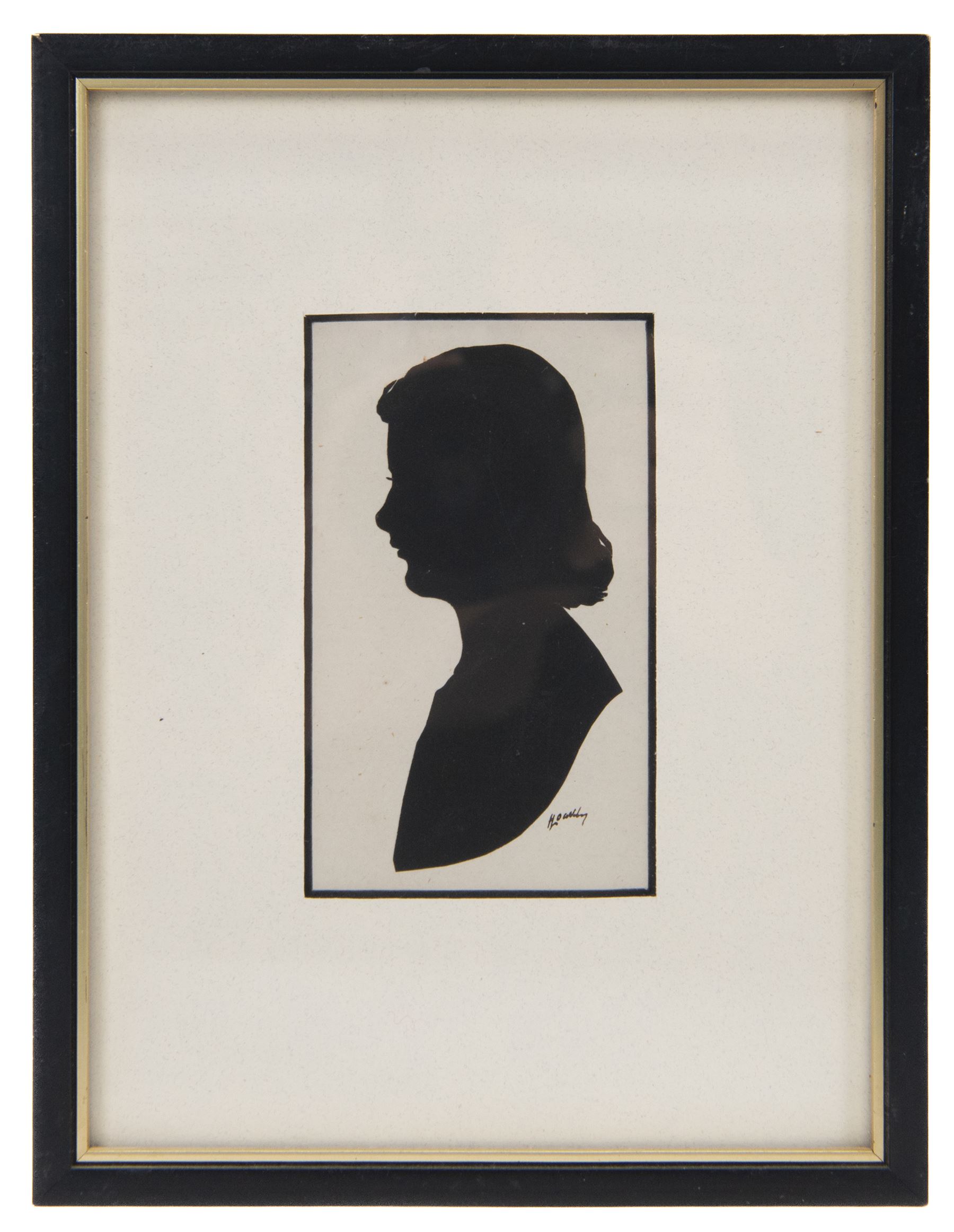 Capt. Harry Lawrence Oakley (British 1882-1960): Mother Father and Two Children, set of four family watercolour silhouettes highlighted in gold pen and pencil signed 11cm x 6cm (4)
Notes: Oakley born in Poppleton York, the son of a chemist who opened shops on Coney Street and Fulford Road. He showed talent for drawing and silhouette cutting from an early age and went on to study art at York School of Science and Art, Leeds School of Art and then the Royal College of Art in London where he was awarded the ARCA diploma in 1908.
He designed the 'Think' poster in collaboration with the North Eastern Railway company in York which then became an official war poster and was used throughout Britain, Australia and Canada. Oakley’s figure of the advancing soldier became an iconic image and was adapted and used in many forms. This success led to further commissions, including the “Remember” poster which was used to recruit men for the Royal Navy.
Oakley served in the Green Howards during the the First War. Each year, between 1920 and 1958, holidaymakers walking along the pier at Llandudno North Wales, could have stopped at a booth to have their silhouette portrait painted or cut by Mr H. L. Oakley, otherwise known as the 'Man with the Magic Scissors'.  