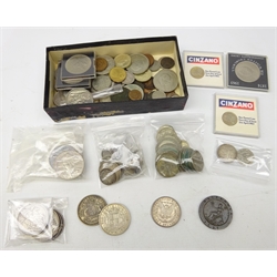  Collection of Great British and World coins including Queen Victoria crowns 1891, 1893, 1896 and 1898, small number of pre 1920 coins, pre 1947 coinage including two George VI 1937 crowns, George III 1797 cartwheel twopence, five modern five pound coins, 1886 Morgan dollar etc, in one box  