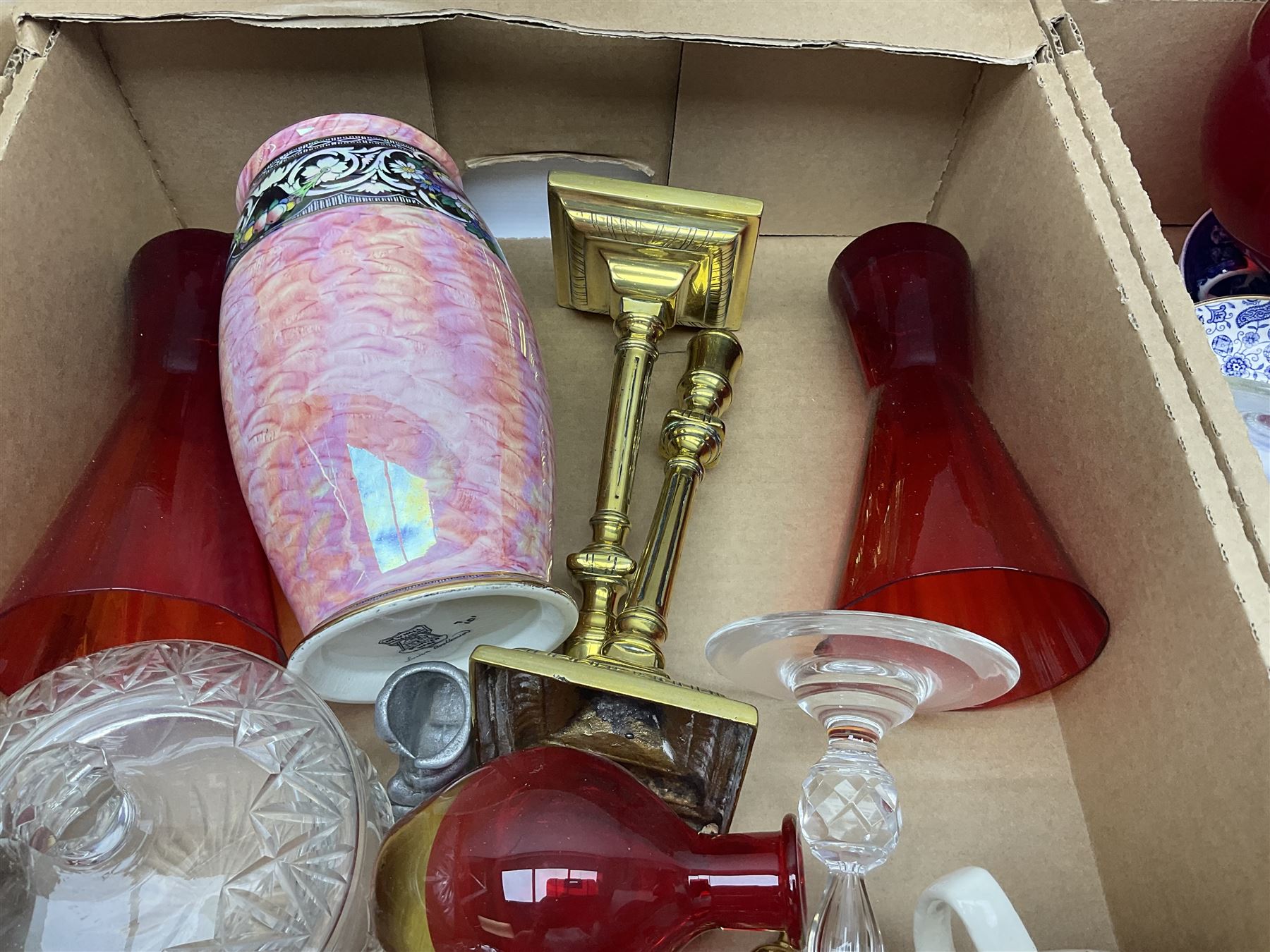 Newhall Boumier Ware vase, two Maling lustre bowlsmParagon George V commemorative cup, collection of ceramics and coloured and cut glassware, etc, in three boxes