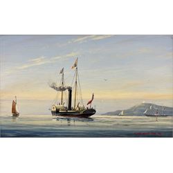 Geoff Hunt RMS (British 1948-): 'Victoria and Albert I Leaving Carrick Roads on 8th September 1845, on a Royal Visit to France', oil on board signed and dated '99, titled verso 9cm x 14.5cm